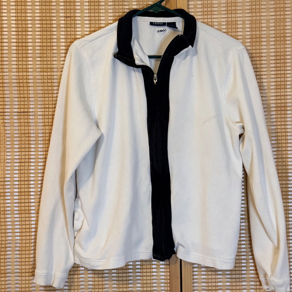 IZOD‎ Womens Full Zip Ribbed Cardigan Sweater Cream Navy Blue Cotton Size L
